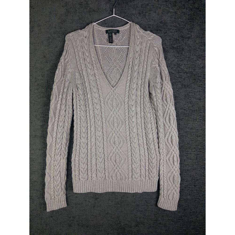 LRL Ralph Lauren Pullover Sweater Womens M Gray Metallica Cableknit Fisherman